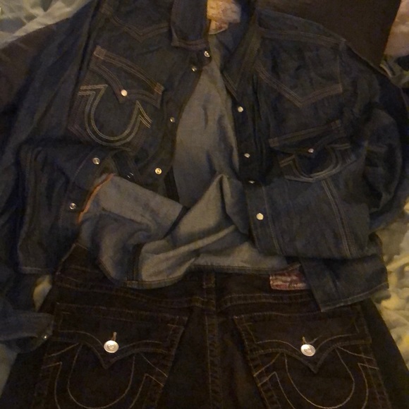 True religion corduroy pants blue jean shirt - Picture 1 of 7